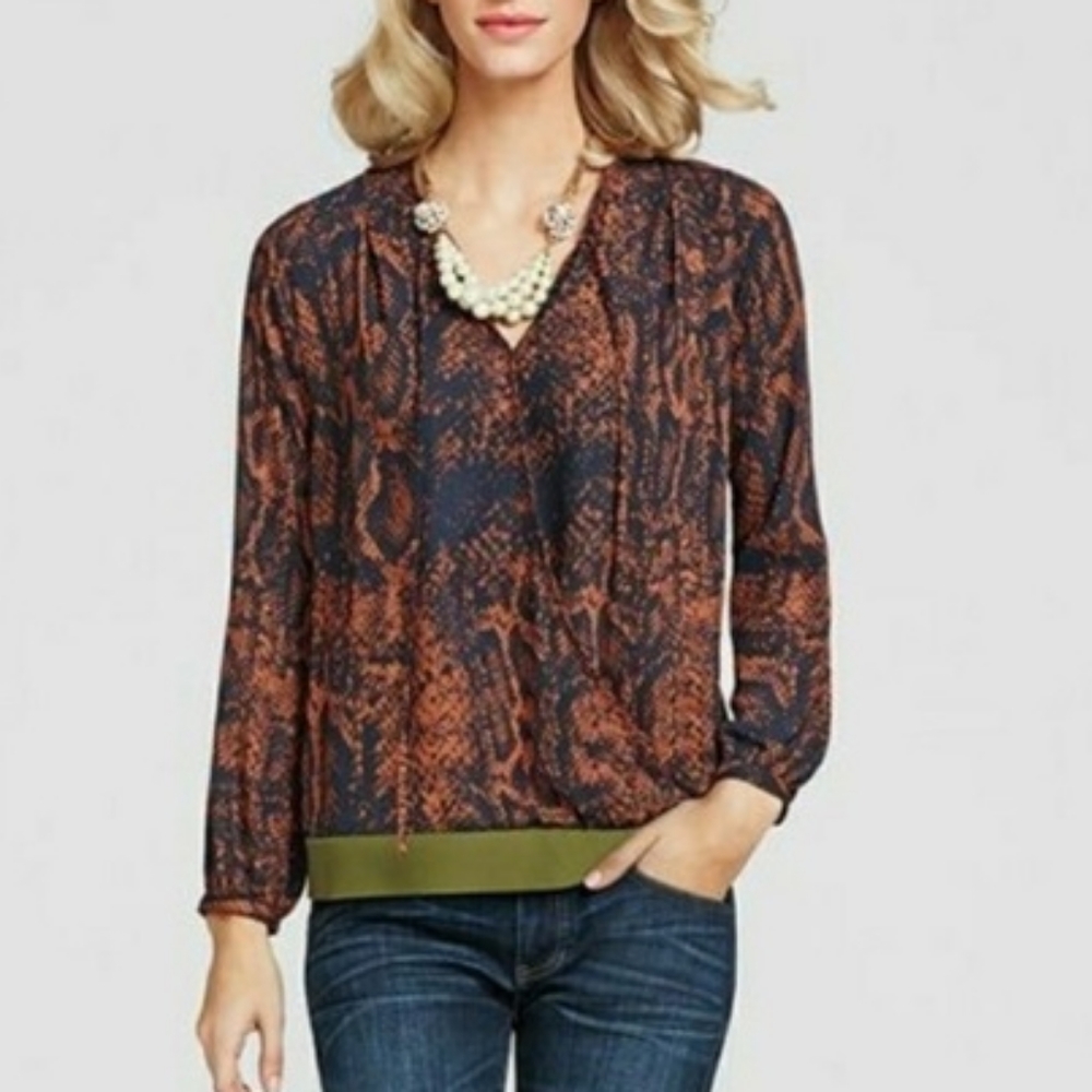 CAbi | Orange Navy All-Over Print Wrap Blouse-E75